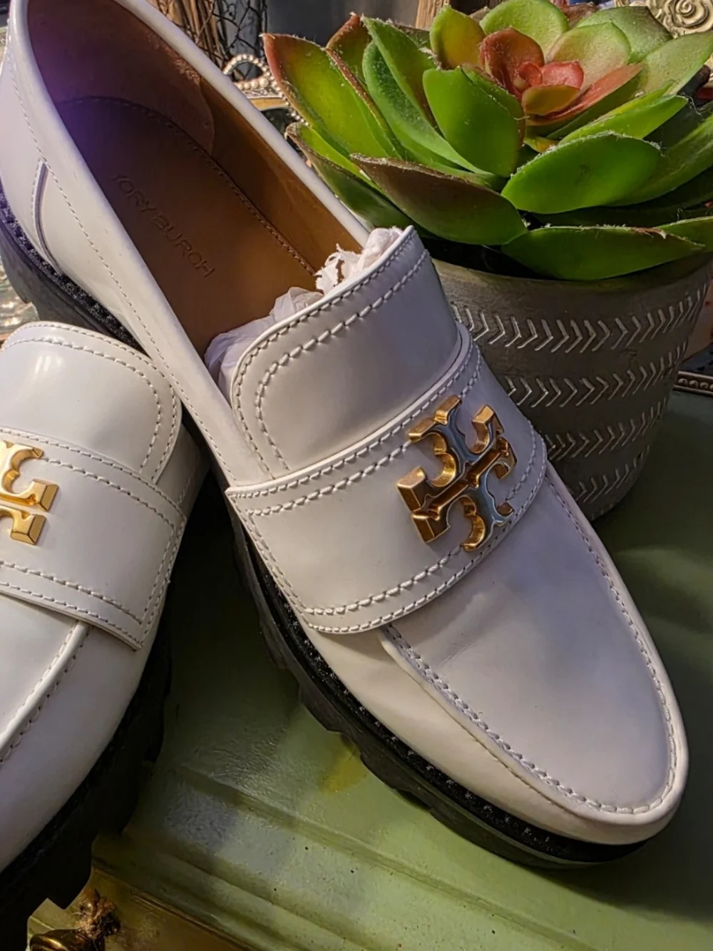 Tory Burch White Women's Leather Chunky Loafers with Gold Emblem 6